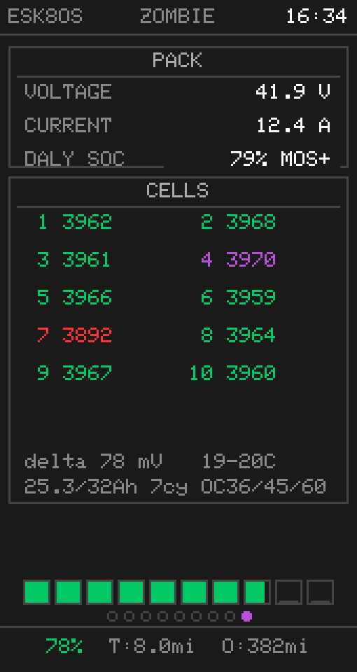 Firmware-rendered Daly BMS screen showing pack data, individual cells and protection state with sample values