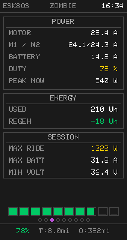 Power firmware screen with sample telemetry