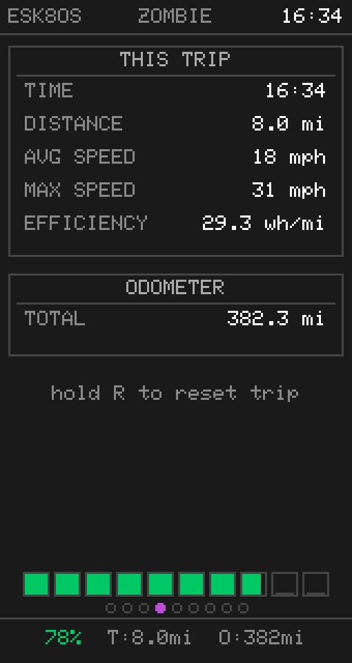 Trip firmware screen with sample telemetry