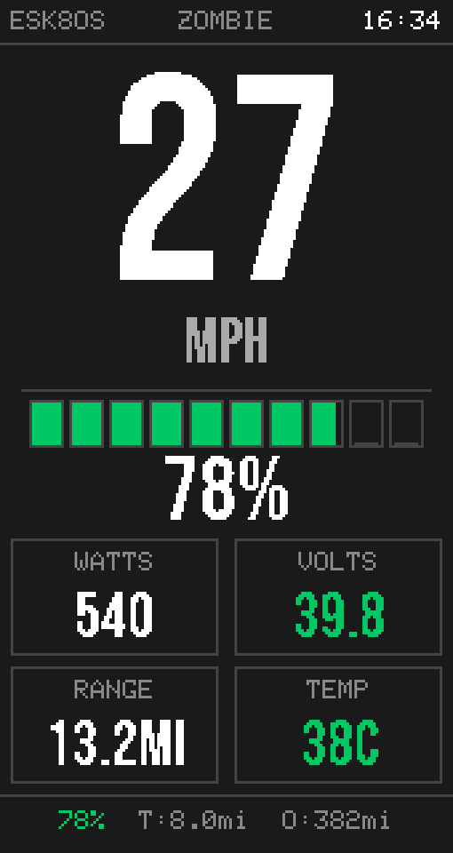 ESK8OS speed display in the cam palette, with sample telemetry